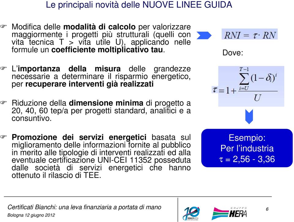 Dove: L importanza della misura delle grandezze necessarie a determinare il risparmio energetico, per recuperare interventi già realizzati Riduzione della dimensione minima di progetto a 20, 40, 60