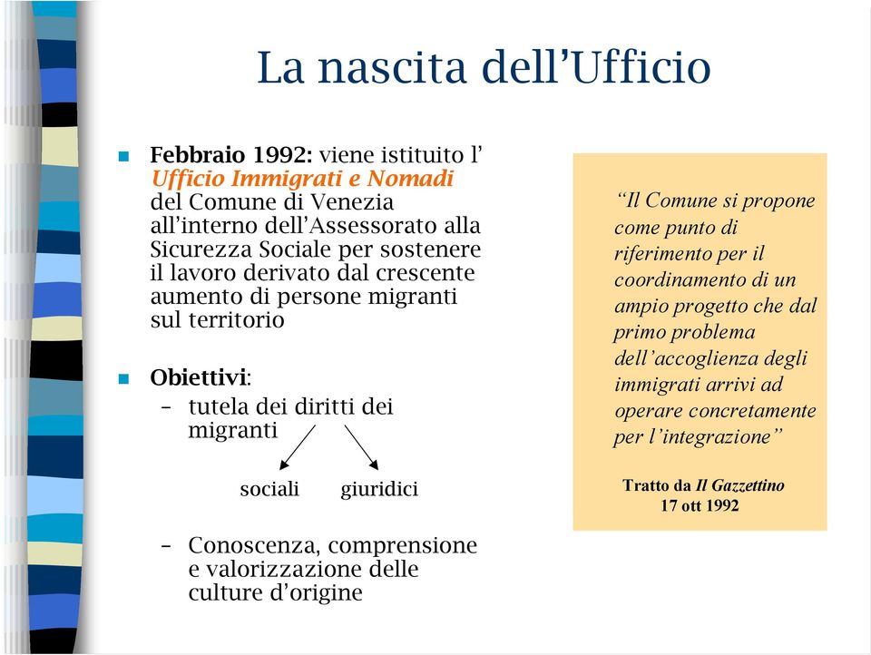 giuridici Il Comune si propone come punto di riferimento per il coordinamento di un ampio progetto che dal primo problema dell accoglienza degli