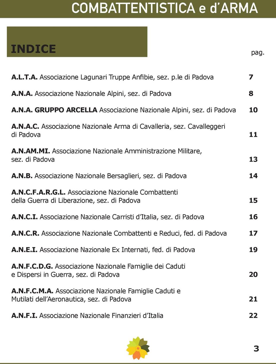 Associazione Nazionale Bersaglieri, sez. di Padova 14 A.N.C.F.A.R.G.L. Associazione Nazionale Combattenti della Guerra di Liberazione, sez. di Padova 15 A.N.C.I.