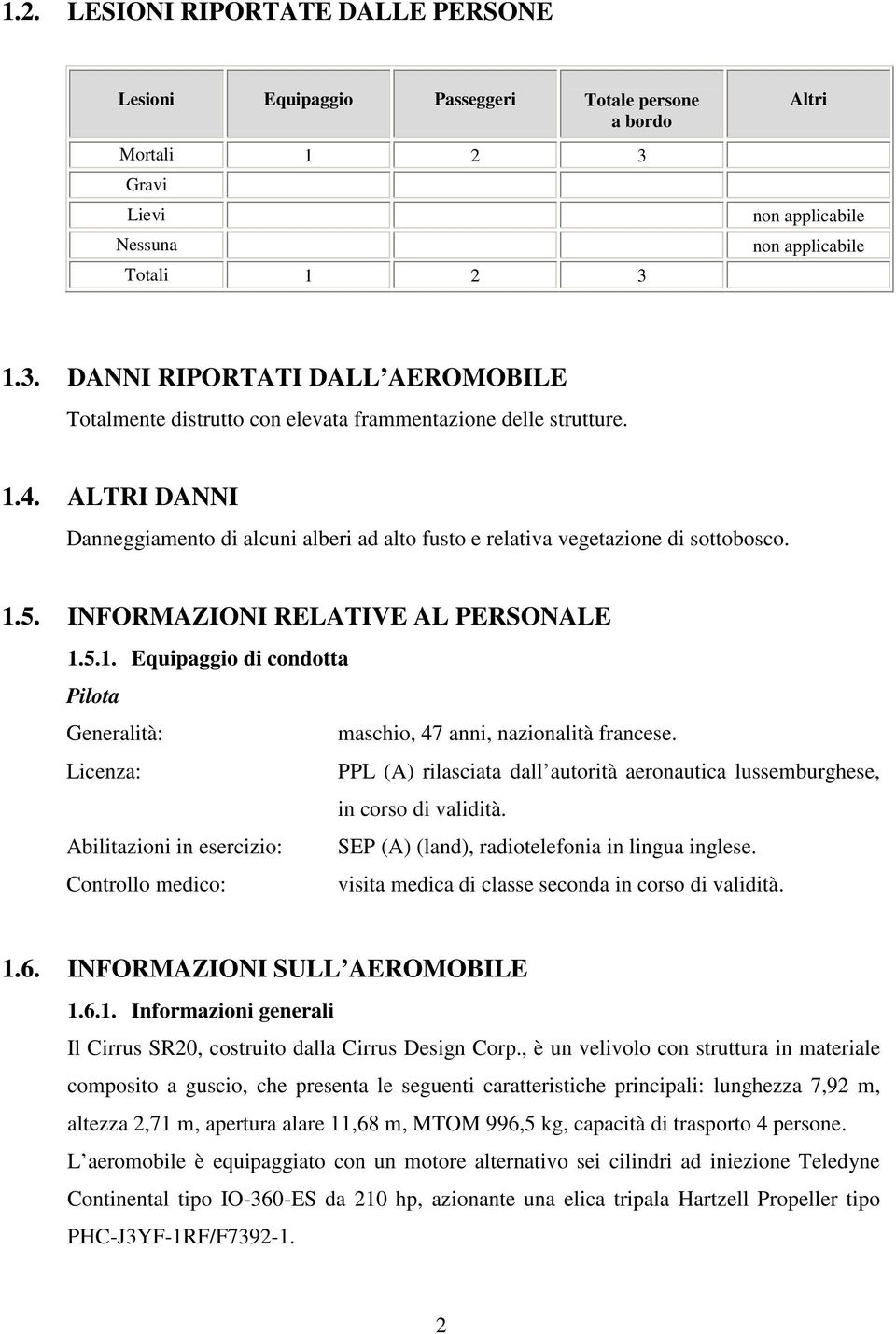 ALTRI DANNI Danneggiamento di alcuni alberi ad alto fusto e relativa vegetazione di sottobosco. 1.5. INFORMAZIONI RELATIVE AL PERSONALE 1.5.1. Equipaggio di condotta Pilota Generalità: maschio, 47 anni, nazionalità francese.