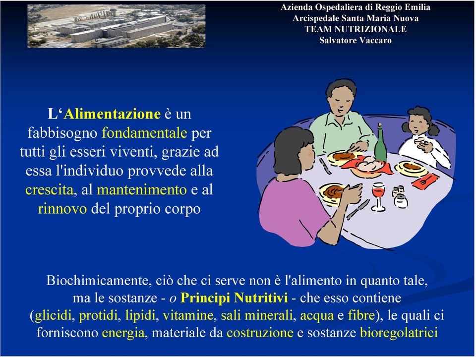 l'alimento in quanto tale, ma le sostanze - o Principi Nutritivi - che esso contiene (glicidi, protidi, lipidi,