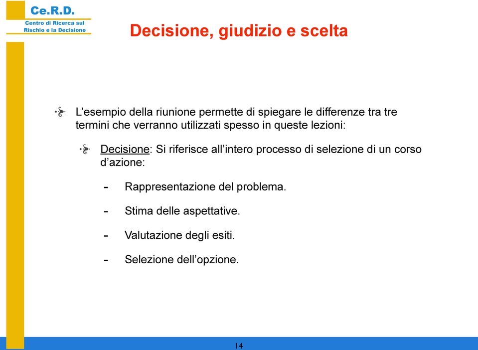 Si riferisce all intero processo di selezione di un corso d azione: - Rappresentazione