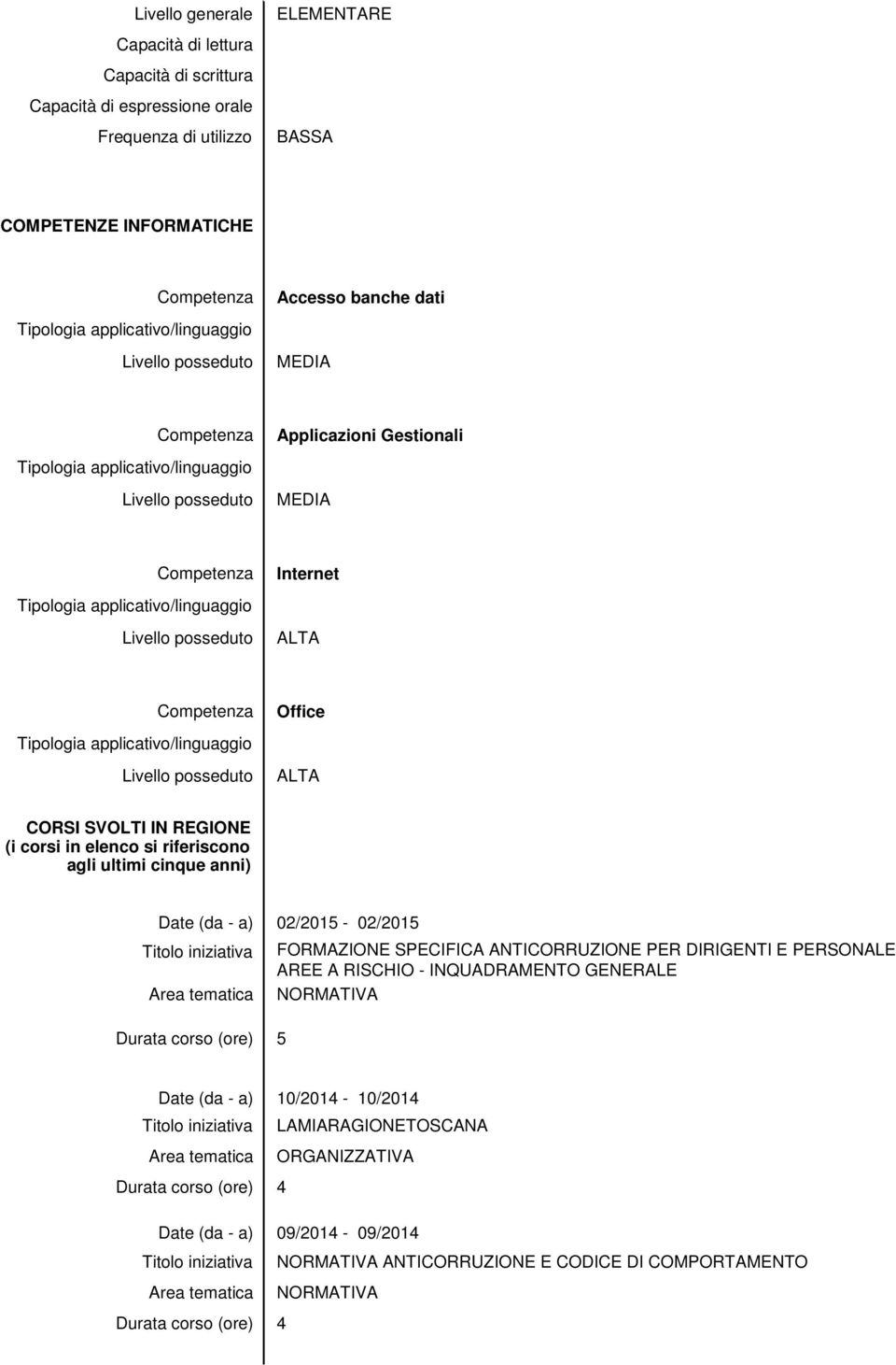 SPECIFICA ANTICORRUZIONE PER DIRIGENTI E PERSONALE AREE A RISCHIO - INQUADRAMENTO GENERALE Area tematica NORMATIVA Durata corso (ore) 5 Date (da - a) 10/2014-10/2014 Titolo iniziativa