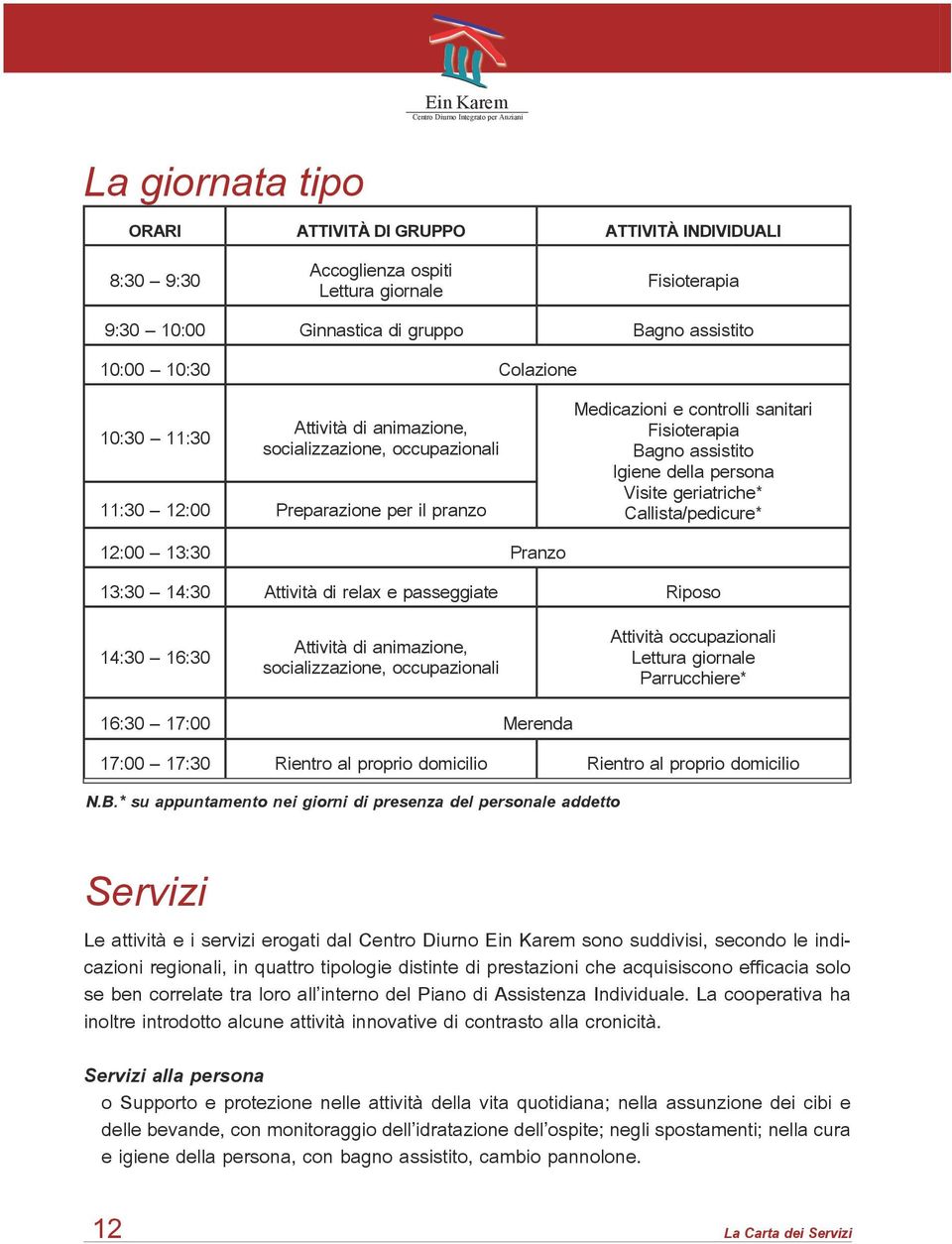 socializzazione, occupazionali 11:30 12:00 Preparazione per il pranzo 12:00 13:30 Pranzo Medicazioni e controlli sanitari Fisioterapia Bagno assistito Igiene della persona Visite geriatriche*