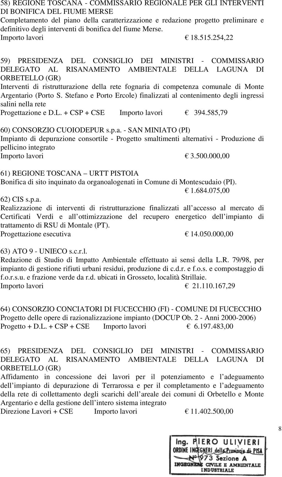 254,22 59) PRESIDENZA DEL CONSIGLIO DEI MINISTRI - COMMISSARIO DELEGATO AL RISANAMENTO AMBIENTALE DELLA LAGUNA DI ORBETELLO (GR) Interventi di ristrutturazione della rete fognaria di competenza