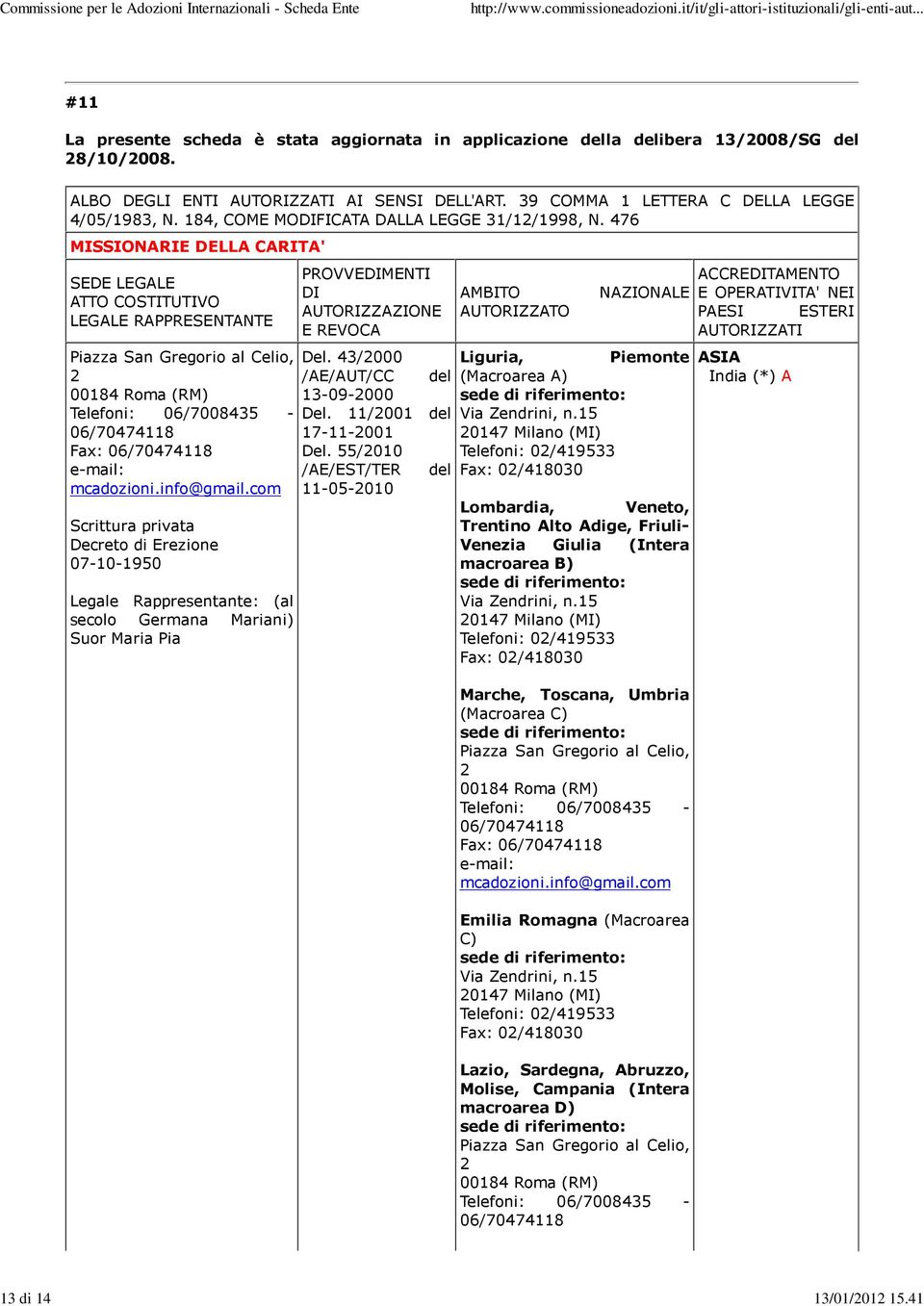 43/2000 /AE/AUT/CC del 13-09-2000 Del. 11/2001 del 17-11-2001 Del. 55/2010 11-05-2010 Liguria, Piemonte (Macroarea A) Via Zendrini, n.