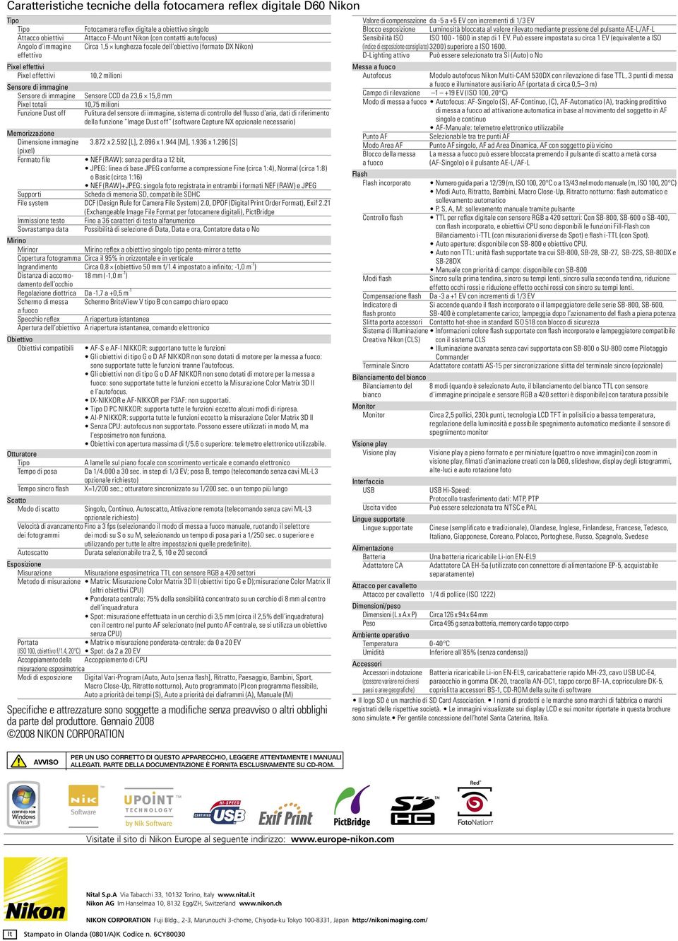 lunghezza focale dell obiettivo (formato DX Nikon) 10,2 milioni Sensore CCD da 23,6 15,8 mm 10,75 milioni Pulitura del sensore di immagine, sistema di controllo del flusso d aria, dati di riferimento