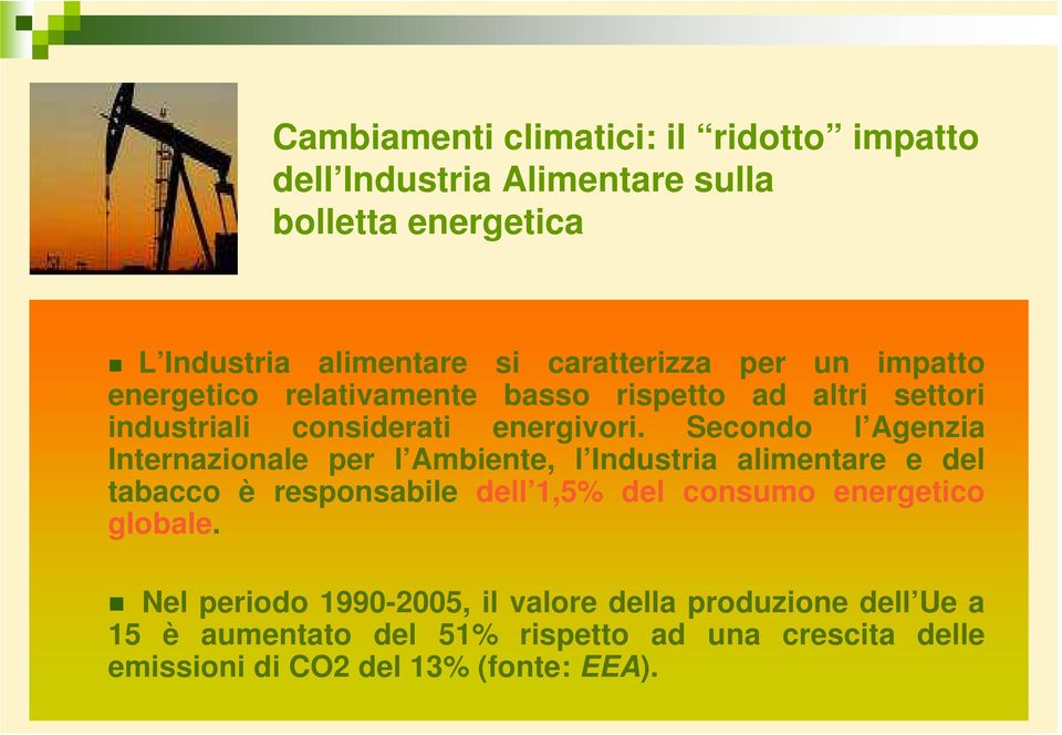 Secondo l Agenzia Internazionale per l Ambiente, l Industria alimentare e del tabacco è responsabile dell 1,5% del consumo energetico