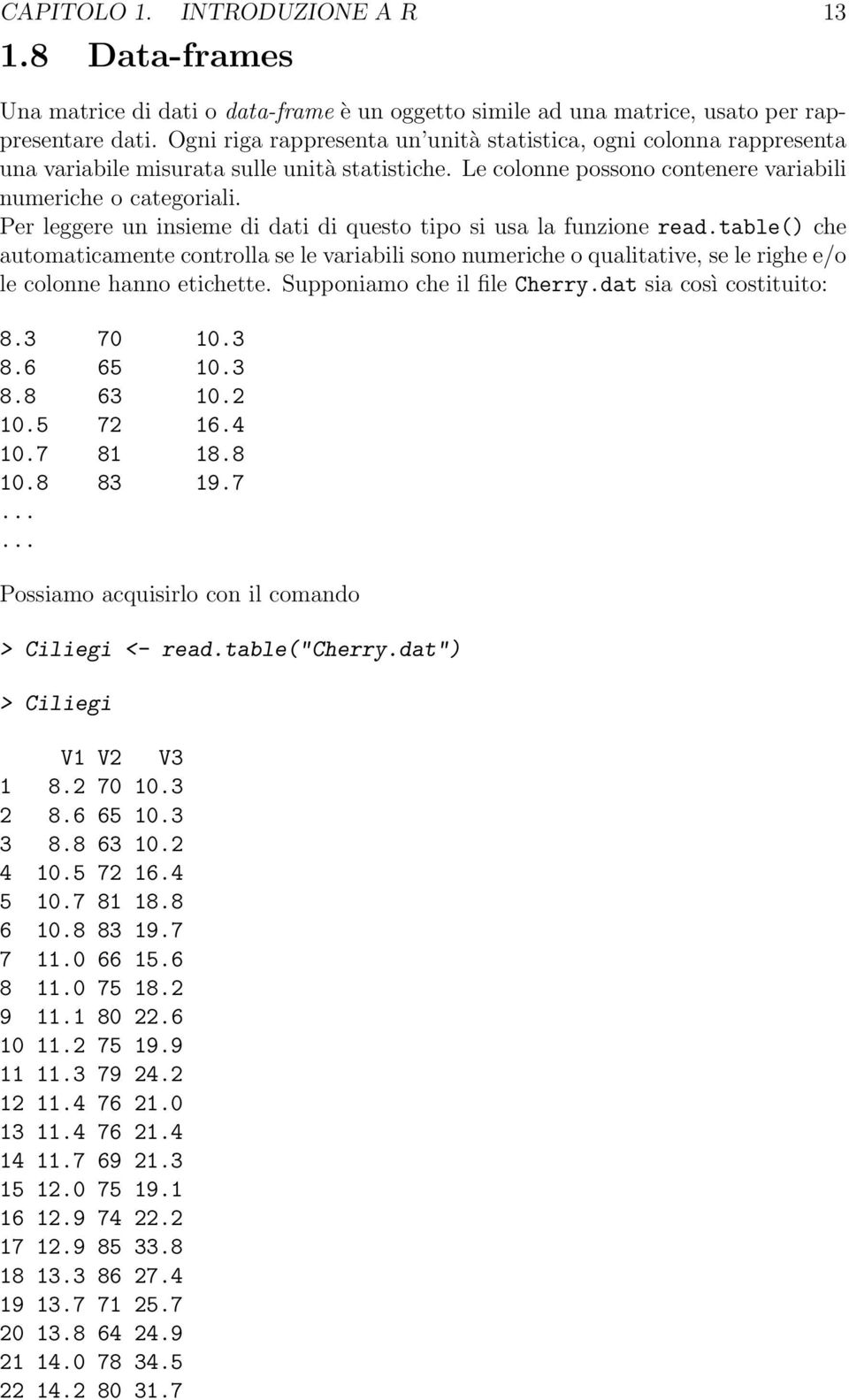 Per leggere un insieme di dati di questo tipo si usa la funzione read.table() che automaticamente controlla se le variabili sono numeriche o qualitative, se le righe e/o le colonne hanno etichette.