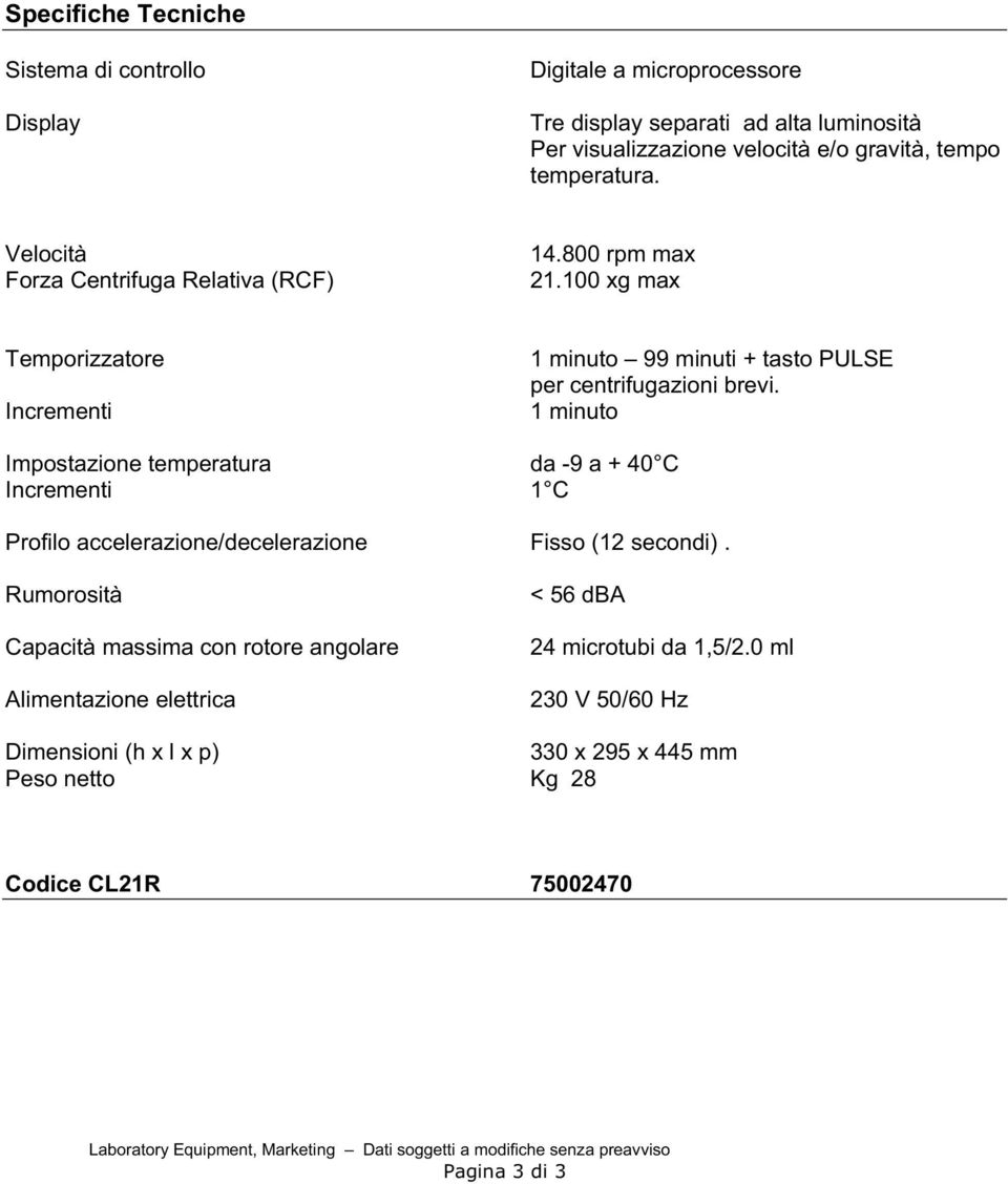 1 minuto Impostazione temperatura da -9 a + 40 C Incrementi 1 C Profilo accelerazione/decelerazione Fisso (12 secondi).