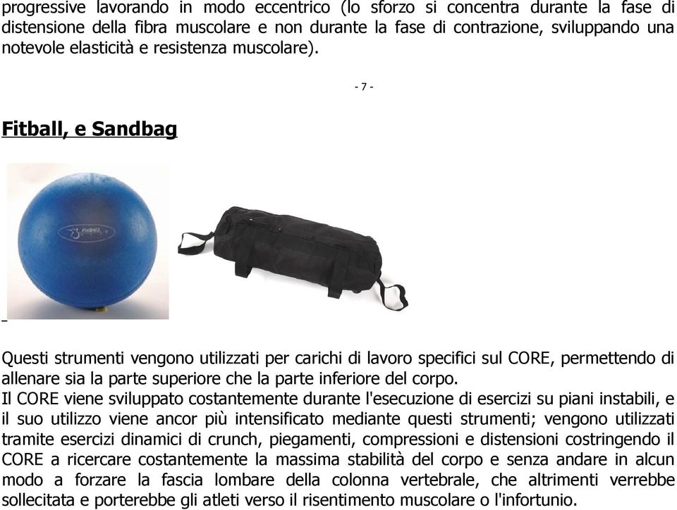 - 7 - Fitball, e Sandbag Questi strumenti vengono utilizzati per carichi di lavoro specifici sul CORE, permettendo di allenare sia la parte superiore che la parte inferiore del corpo.
