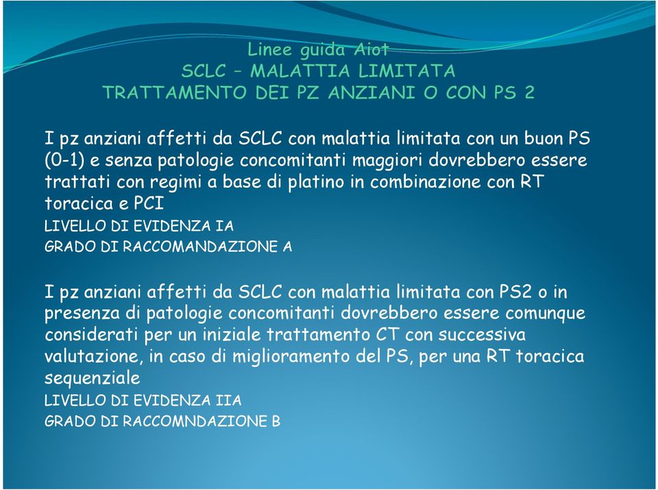 SCLC con malattia limitata con PS2 o in presenza di patologie concomitanti dovrebbero essere comunque considerati per un iniziale trattamento