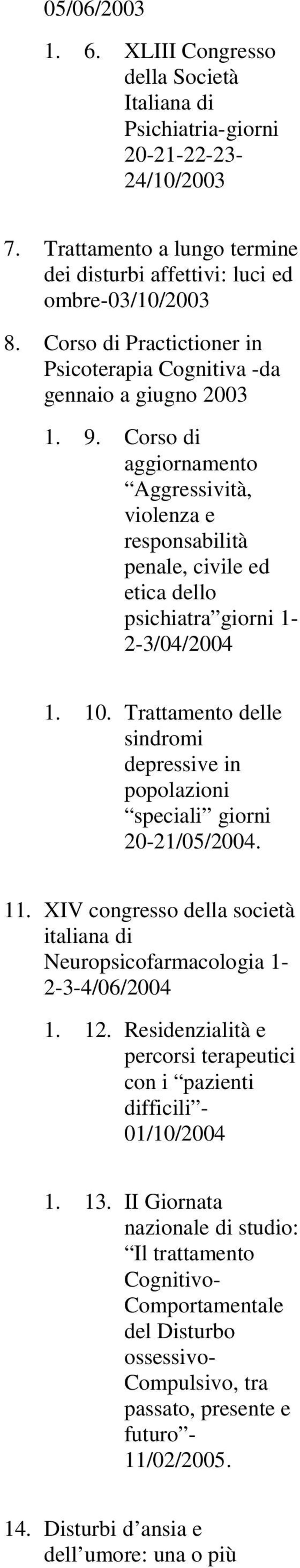 Corso di aggiornamento Aggressività, violenza e responsabilità penale, civile ed etica dello psichiatra giorni 1-2-3/04/2004 1. 10.