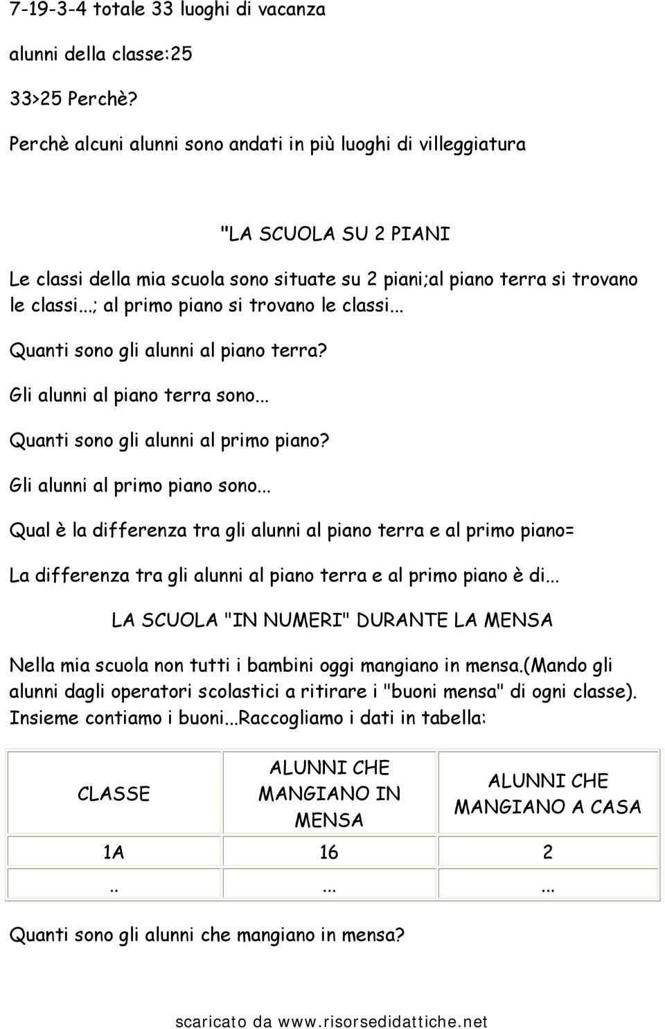 ..; al primo piano si trovano le classi... Quanti sono gli alunni al piano terra? Gli alunni al piano terra sono... Quanti sono gli alunni al primo piano? Gli alunni al primo piano sono.