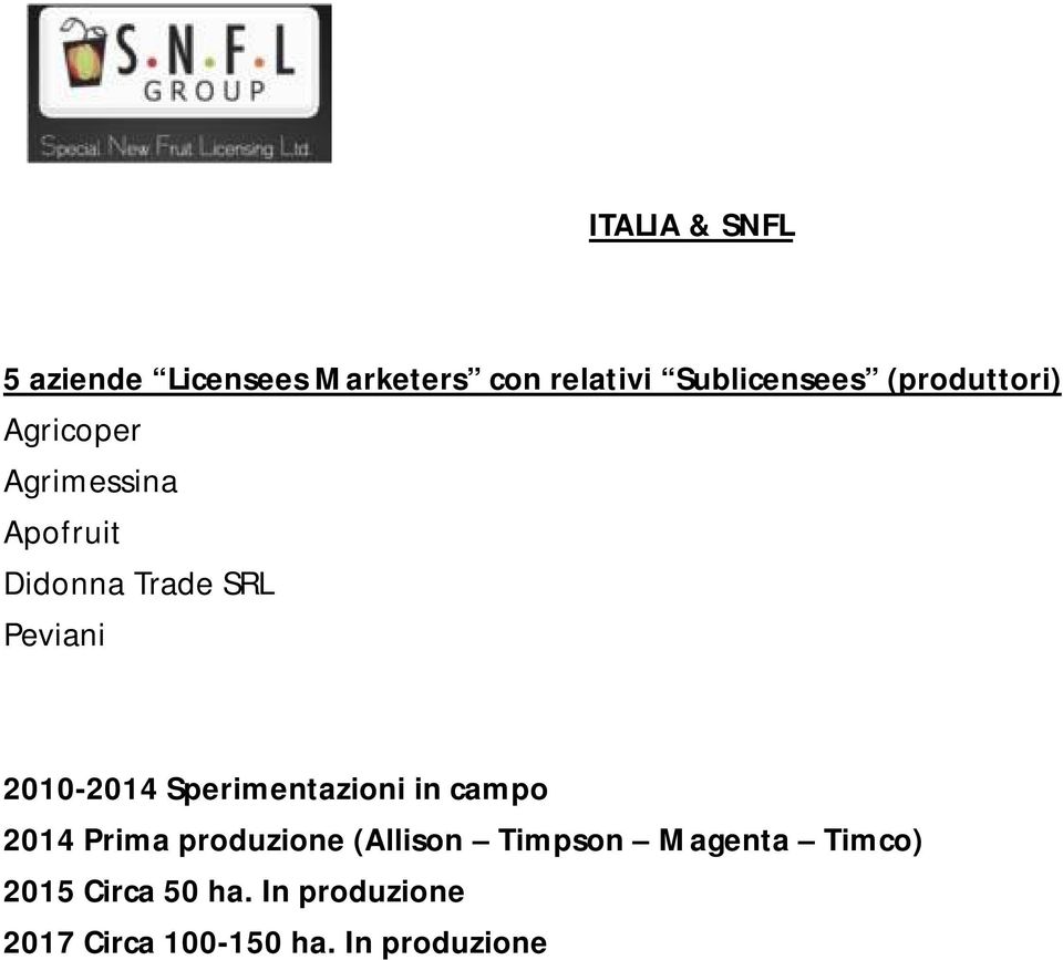 2010-2014 Sperimentazioni in campo 2014 Prima produzione (Allison Timpson