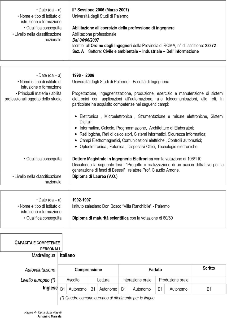 A Settore: Civile e ambientale Industriale Dell informazione Date (da a) 1998-2006 Nome e tipo di istituto di Università degli Studi di Palermo Facoltà di Ingegneria Principali materie / abilità