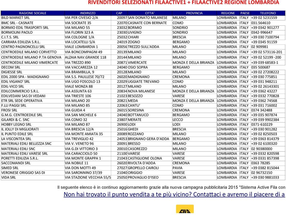 564610 BORMIO EDIL TRASPORTI SRL VIA MILANO 55 23032 BORMIO SONDRIO LOMBARDIA ITALY +39 0342 901277 BORMOLINI PAOLO VIA FLORIN 323 A 23030 LIVIGNO SONDRIO LOMBARDIA ITALY 0342-996647 C.I.T.S. SRL VIA COLOGNE 1/A 25032 CHIARI BRESCIA LOMBARDIA ITALY +39 030 7100794 CARRARA EDILIZIA S.