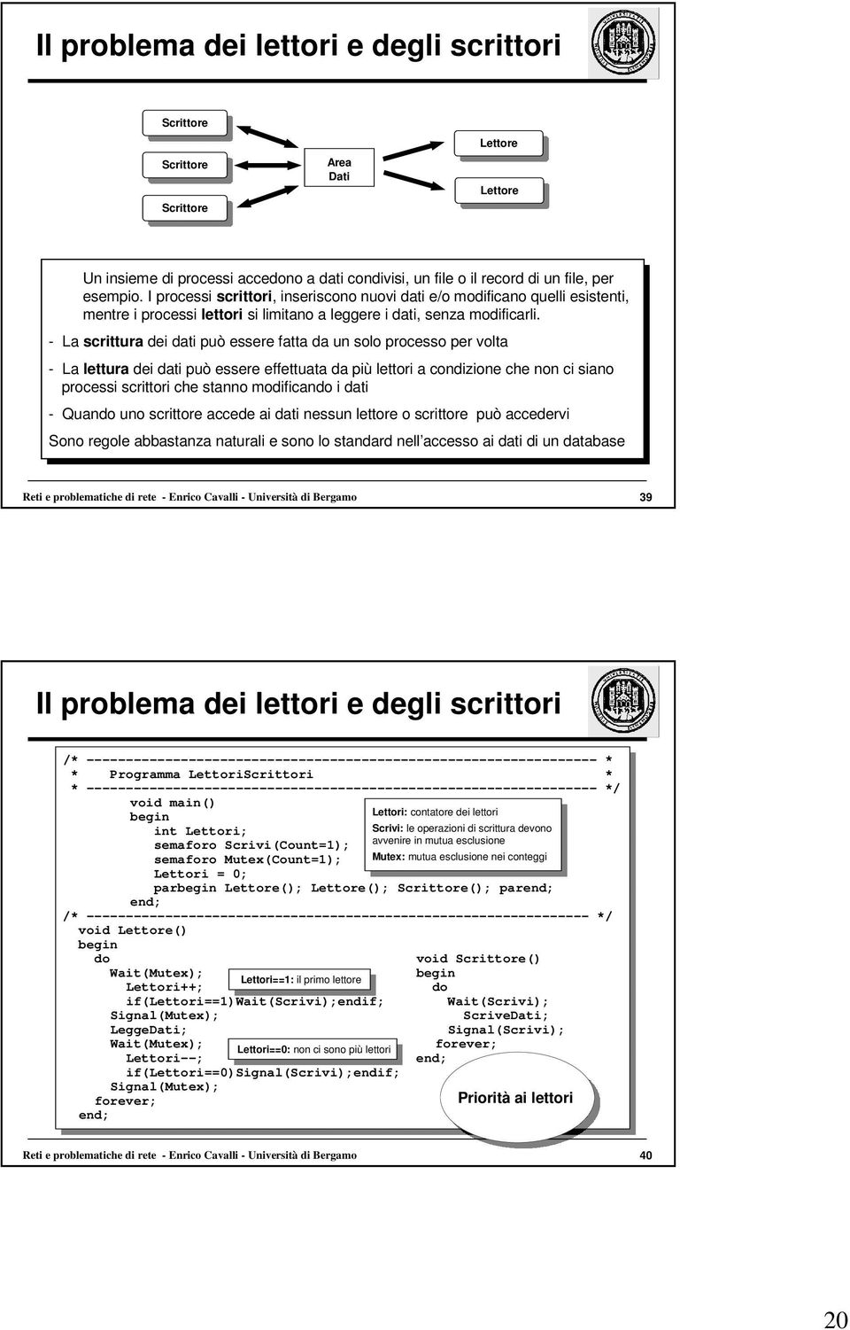 - La scrittura dei dati può essere fatta da un solo processo per volta - La lettura dei dati può essere effettuata da più lettori a condizione che non ci siano processi scrittori che stanno modifican