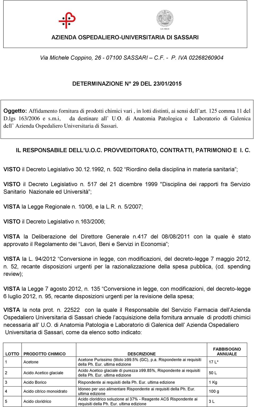 O. di Anatomia Patologica e Laboratorio di Galenica dell Azienda Ospedaliero Universitaria di Sassari. IL RESPONSABILE DELL U.O.C. PROVVEDITORATO, CONTRATTI, PATRIMONIO E I. C. VISTO il Decreto Legislativo 30.