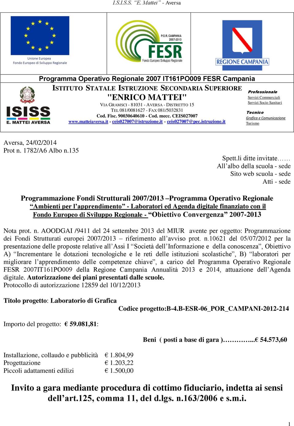 it - ceis027007@pec.istruzione.it Professionale Servizi Commerciali Servizi Socio Sanitari Tecnico Grafica e Comunicazione Turismo Aversa, 24/02/204 Prot n. 782/A6 Albo n.35 Turismo Spett.