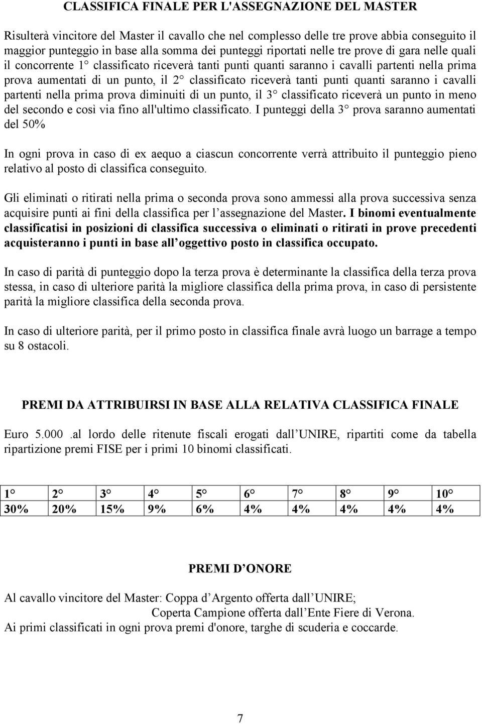 tanti punti quanti saranno i cavalli partenti nella prima prova diminuiti di un punto, il 3 classificato riceverà un punto in meno del secondo e così via fino all'ultimo classificato.