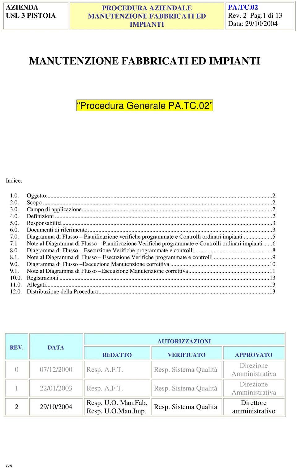 ..9 9.0. Diagramma di Flusso Esecuzione Manutenzione correttiva...10 9.1. Note al Diagramma di Flusso Esecuzione Manutenzione correttiva...11 10.0. Registrazioni...13 11.0. Allegati...13 12.0. Distribuzione della Procedura.