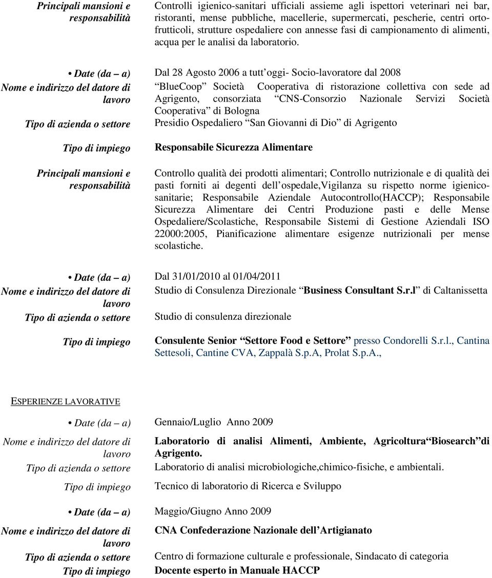 Dal 28 Agosto 2006 a tutt oggi- Socio-lavoratore dal 2008 Nome e indirizzo del datore di BlueCoop Società Cooperativa di ristorazione collettiva con sede ad Agrigento, consorziata CNS-Consorzio