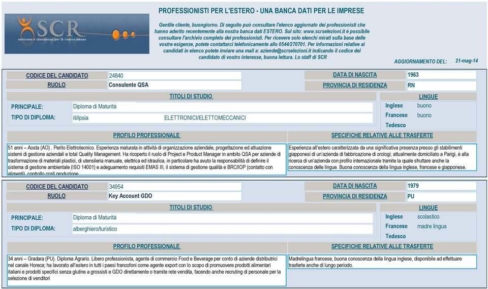 it è possibile consultare l'archivio completo dei professionisti. Per ricevere solo elenchi mirati sulla base delle vostre esigenze, potete contattarci telefonicamente allo 0544/270701.