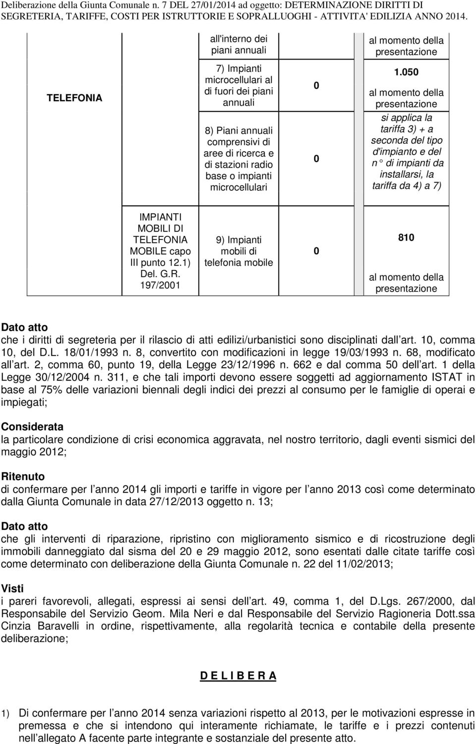 5 si applica la tariffa 3) + a seconda del tipo d'impianto e del n di impianti da installarsi, la tariffa da 4) a 7) 8) Piani annuali comprensivi di aree di ricerca e di stazioni radio base o