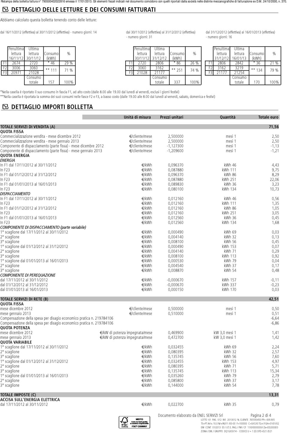 3006 3060 F3 20971 21028 ** 111 71 % totale 157 100% lettura lettura % 30/11/12 31/12/12 (kwh) F1 2720 2806 * 86 26 % F2 3060 3162 F3 21028 21177 ** 251 74 % totale 337 100% lettura lettura %