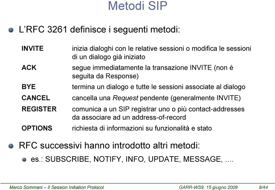 cancella una Request pendente (generalmente INVITE) comunica a un SIP registrar uno o più contact-addresses da associare ad un address-of-record richiesta di