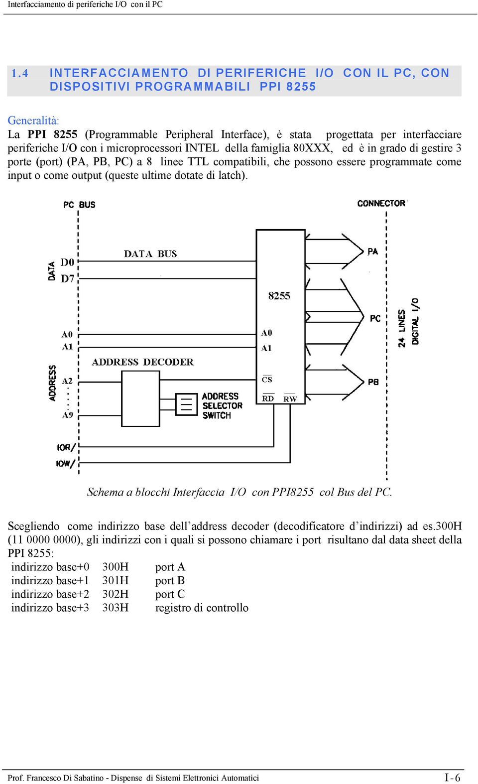 ultime dotate di latch). Schema a blocchi Interfaccia I/O con PPI8255 col Bus del PC. Scegliendo come indirizzo base dell address decoder (decodificatore d indirizzi) ad es.