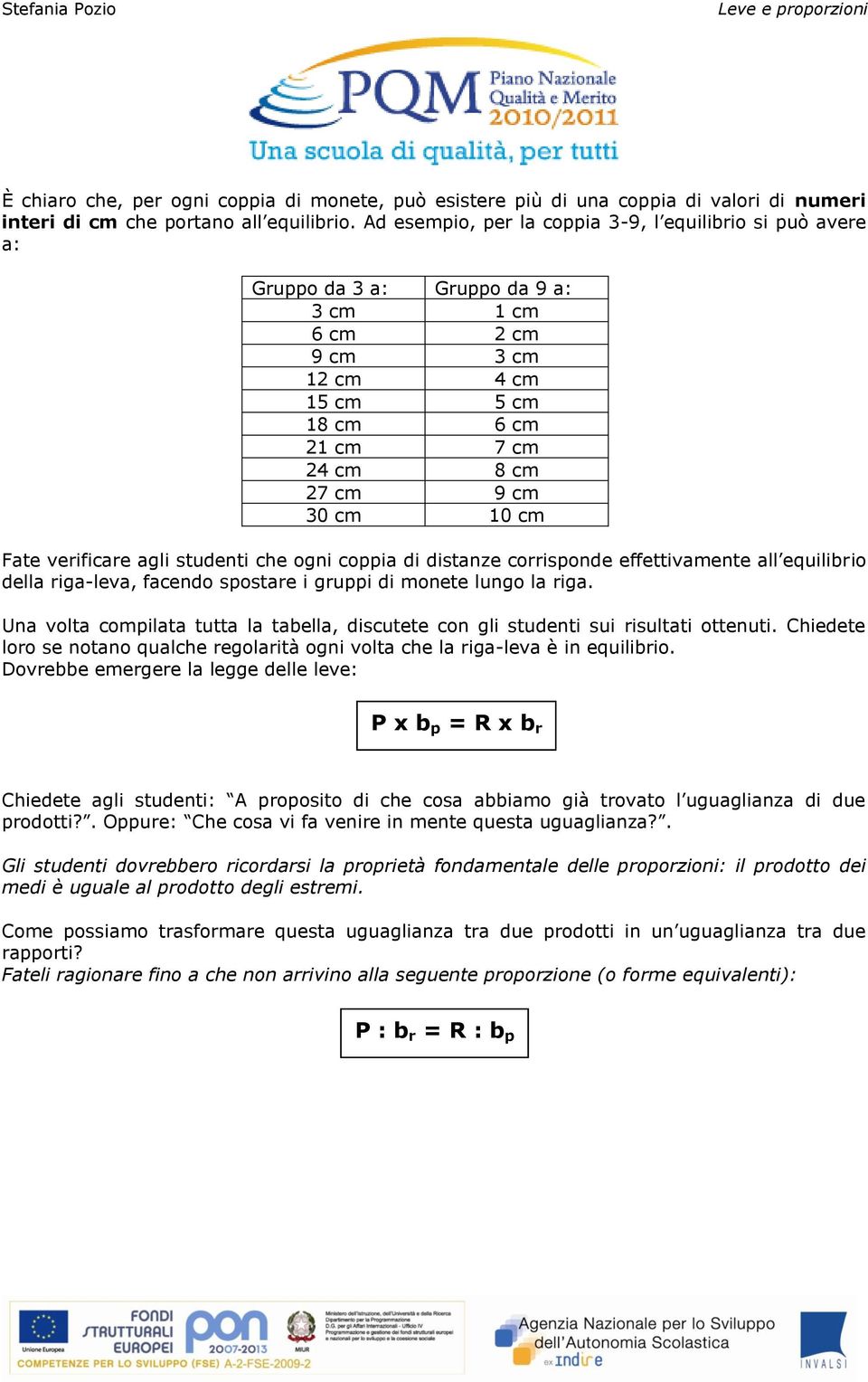 Fate verificare agli studenti che ogni coppia di distanze corrisponde effettivamente all equilibrio della riga-leva, facendo spostare i gruppi di monete lungo la riga.