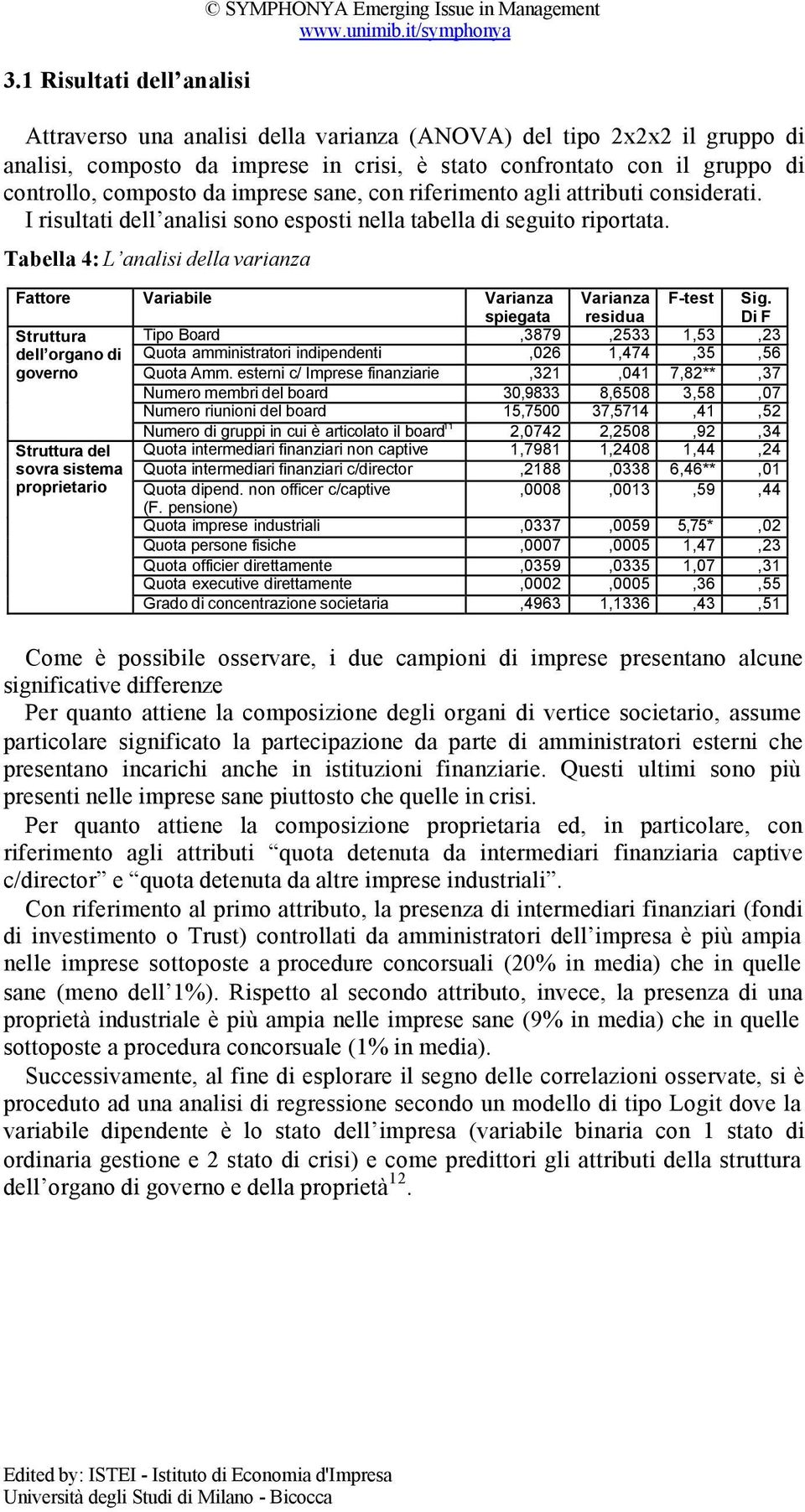 Tabella 4: L analisi della varianza Fattore Variabile Varianza spiegata Varianza residua F-test Sig.