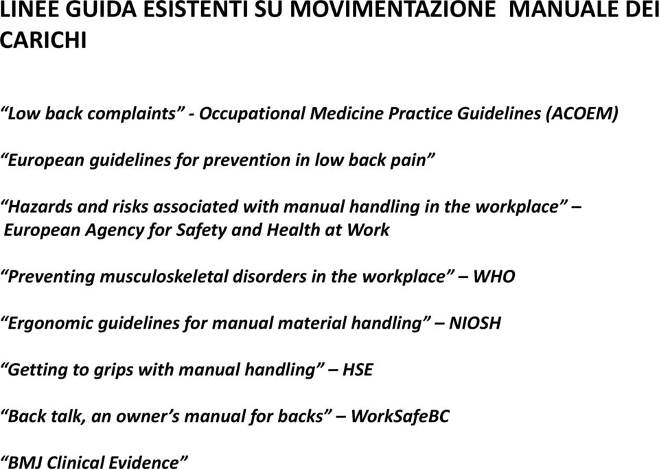 European Agency for Safety and Health at Work Preventing musculoskeletal disorders in the workplace WHO Ergonomic guidelines for