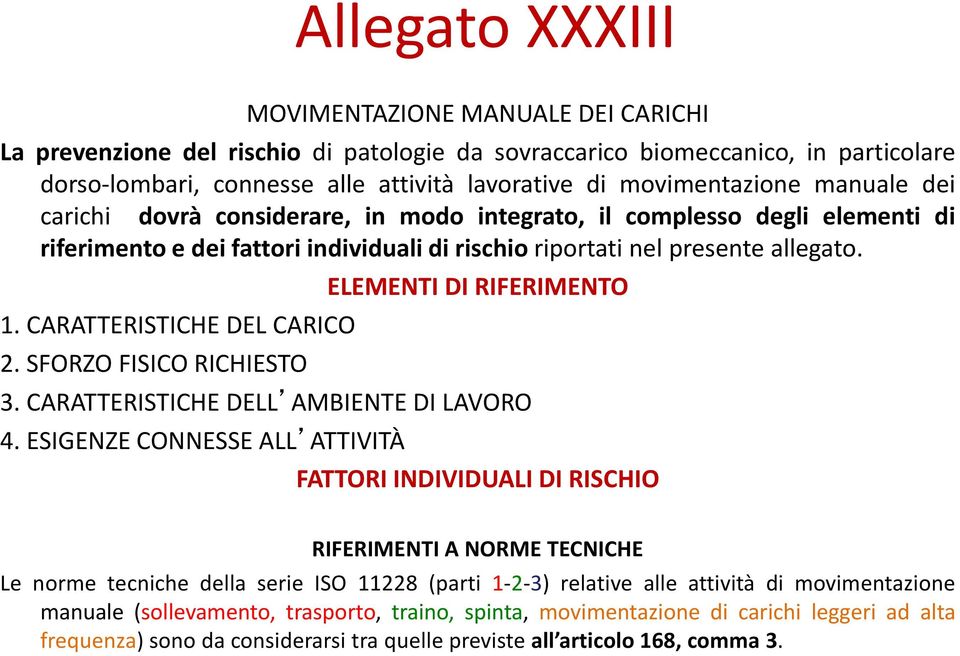 CARATTERISTICHE DEL CARICO 2. SFORZO FISICO RICHIESTO ELEMENTI DI RIFERIMENTO 3. CARATTERISTICHE DELL AMBIENTE DI LAVORO 4.