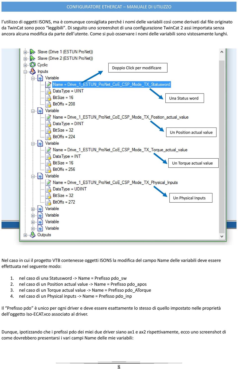 Doppio Click per modificare Una Status word Un Position actual value Un Torque actual value Un Physical Inputs Nel caso in cui il progetto VTB contenesse oggetti ISONS la modifica del campo Name