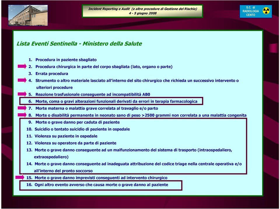 Morte, coma o gravi alterazioni funzionali derivati da errori in terapia farmacologica 7. Morte materna o malattia grave correlata al travaglio e/o parto 8.