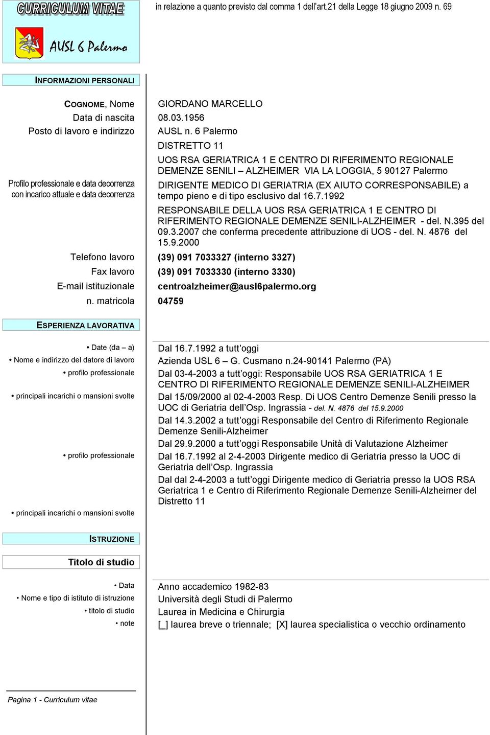 6 Palermo DISTRETTO 11 UOS RSA GERIATRICA 1 E CENTRO DI RIFERIMENTO REGIONALE DEMENZE SENILI ALZHEIMER VIA LA LOGGIA, 5 90127 Palermo Profilo professionale e data decorrenza DIRIGENTE MEDICO DI