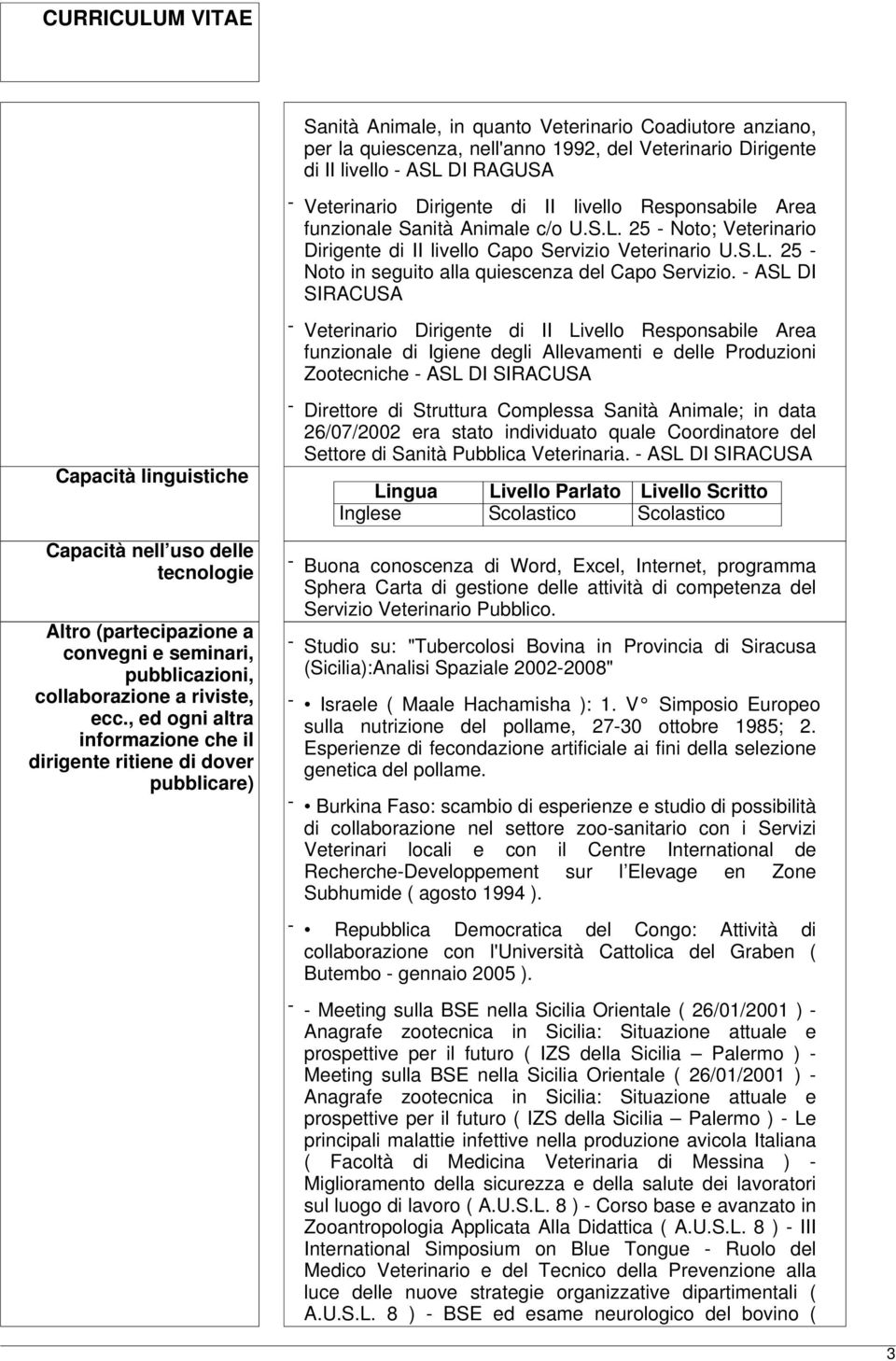 - ASL DI SIRACUSA - Veterinario Dirigente di II Livello Responsabile Area funzionale di Igiene degli Allevamenti e delle Produzioni Zootecniche - ASL DI SIRACUSA Capacità linguistiche Capacità nell