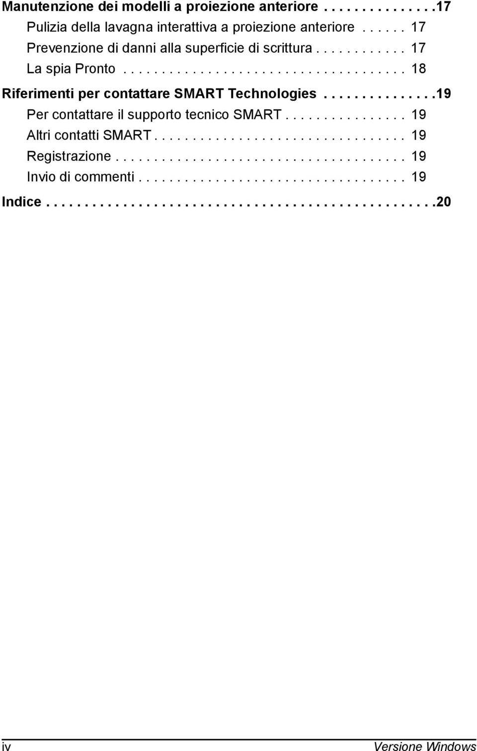 ..............19 Per contattare il supporto tecnico SMART................ 19 Altri contatti SMART................................. 19 Registrazione.