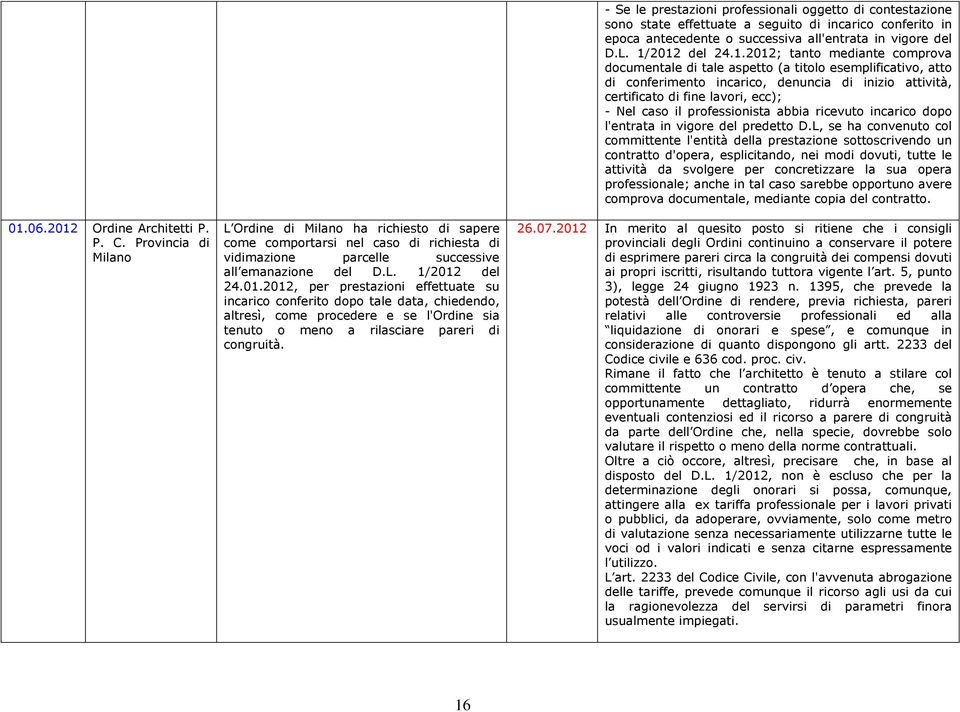 - Se le prestazioni professionali oggetto di contestazione sono state effettuate a seguito di incarico conferito in epoca antecedente o successiva all'entrata in vigore del D.L. 1/