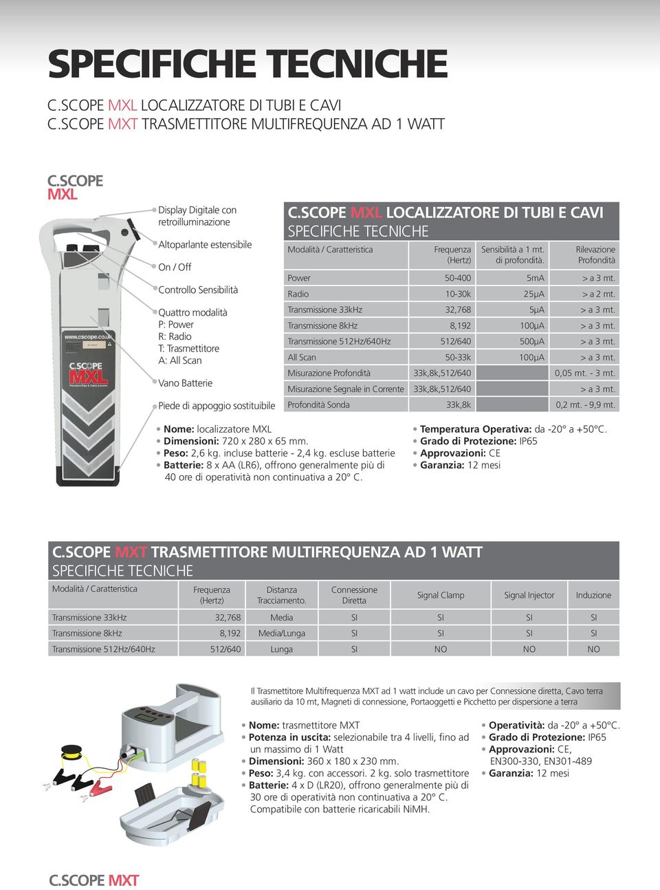 appoggio sostituibile C.SCOPE MXL LOCALIZZATORE DI TUBI E CAVI SPECIFICHE TECNICHE Modalità / Caratteristica Frequenza (Hertz) Sensibilità a 1 mt. di profondità.