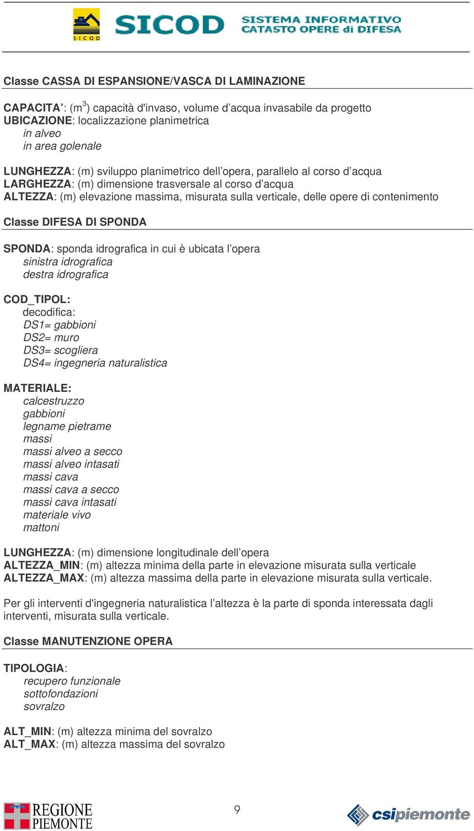 contenimento Classe DIFESA DI SPONDA SPONDA: sponda idrografica in cui è ubicata l opera sinistra idrografica destra idrografica COD_TIPOL: decodifica: DS1= gabbioni DS2= muro DS3= scogliera DS4=