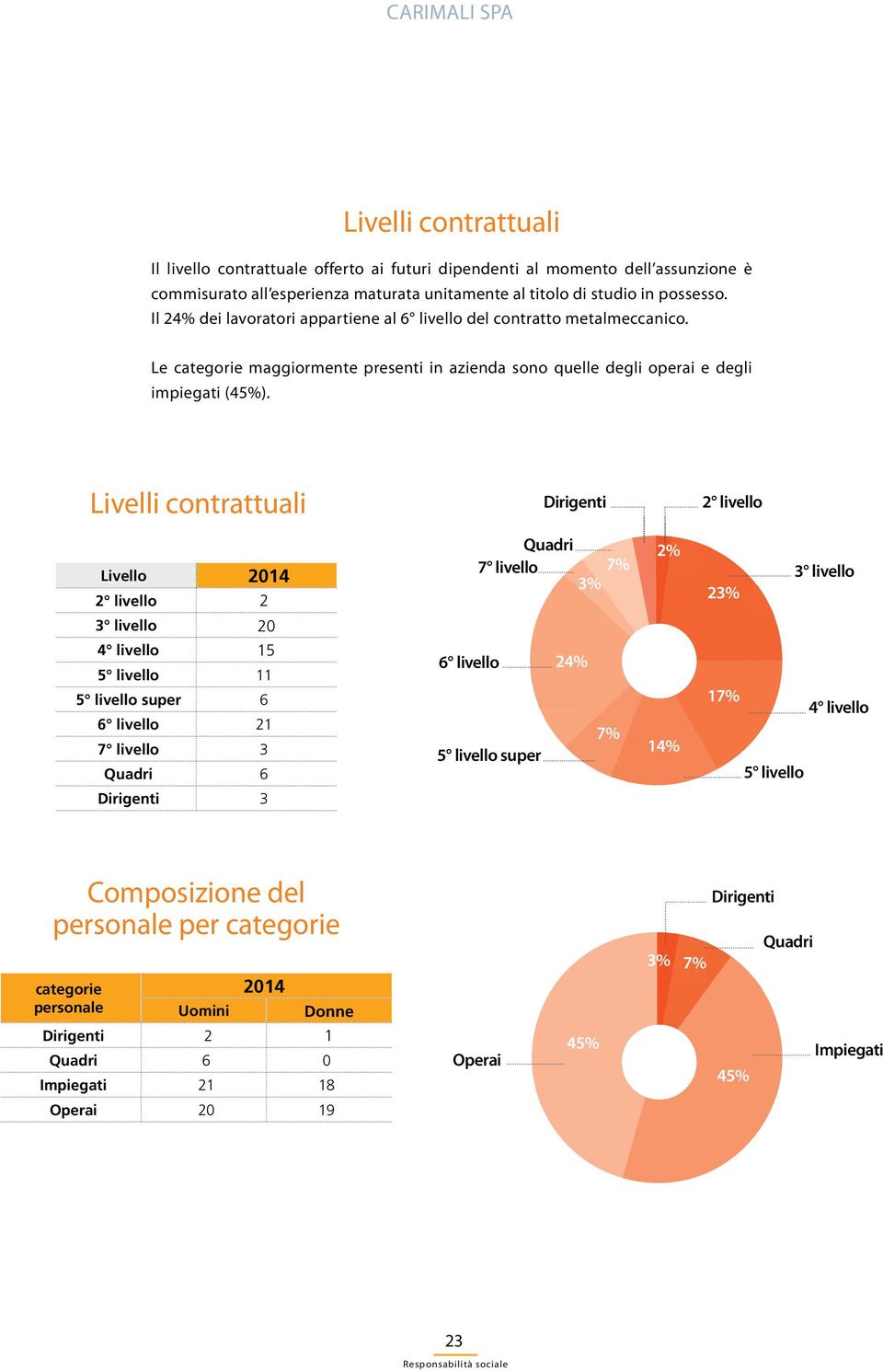 Livelli contrattuali Dirigenti 2 livello Livello 2014 2 livello 2 3 livello 20 4 livello 15 5 livello 11 5 livello super 6 6 livello 21 7 livello 3 Quadri 6 Quadri 7 livello 7% 3% 6 livello 24% 7% 5