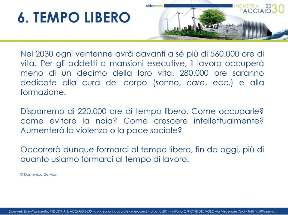 000 ore saranno dedicate alla cura del corpo (sonno, care, ecc.) e alla formazione. Disporremo di 220.000 ore di tempo libero.