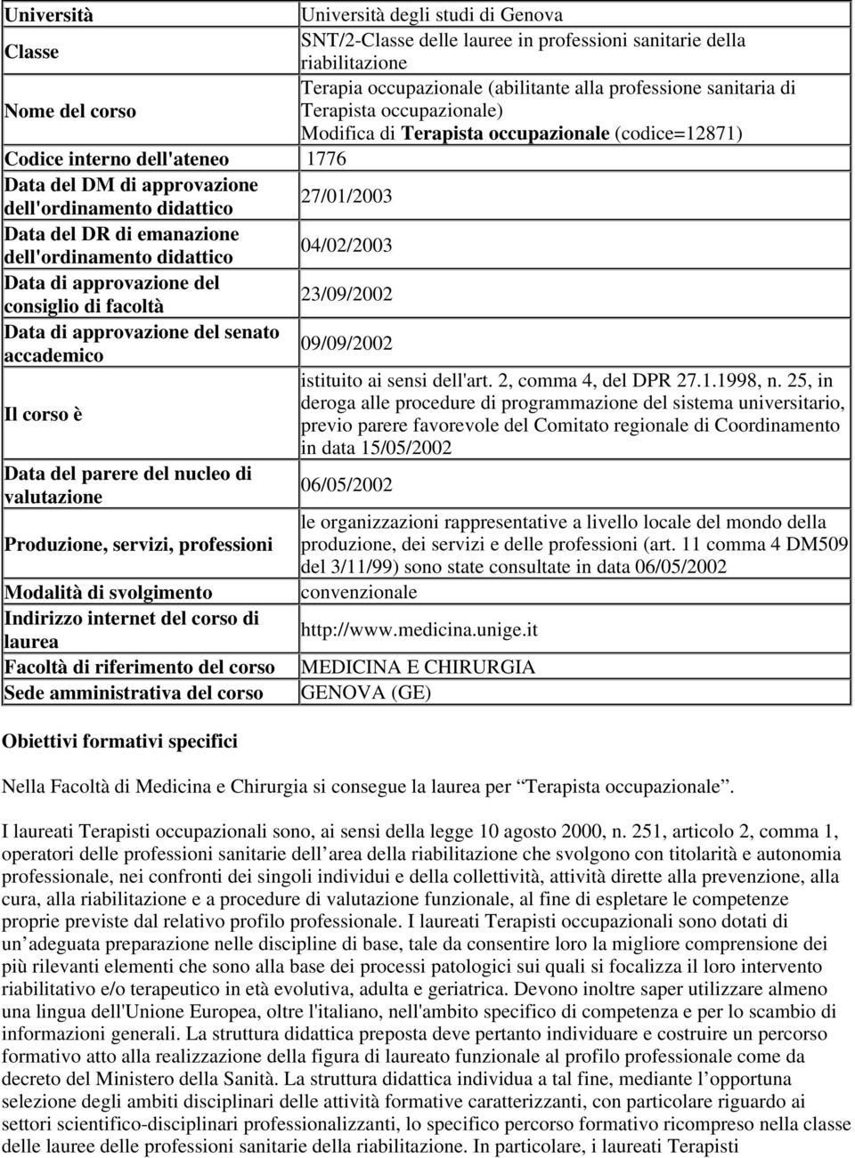 emanazione dell'ordinamento didattico 04/02/2003 Data di approvazione del consiglio di facoltà 23/09/2002 Data di approvazione del senato accademico 09/09/2002 istituito ai sensi dell'art.