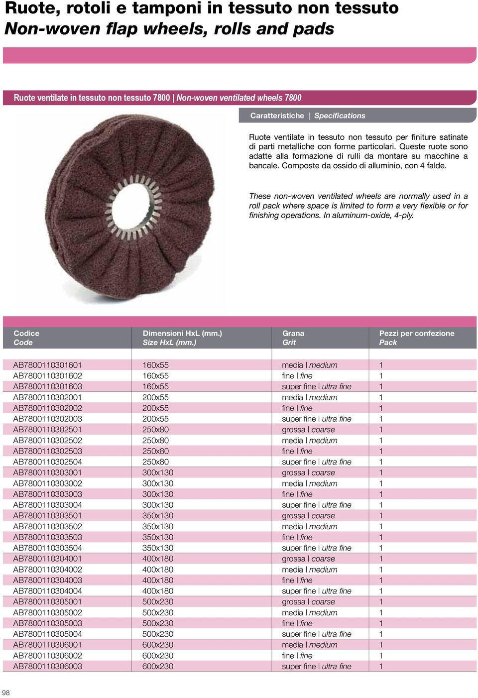 These non-woven ventilated wheels are normally used in a roll pack where space is limited to form a very flexible or for finishing operations. In aluminum-oxide, 4-ply. Codice Dimensioni HxL (mm.