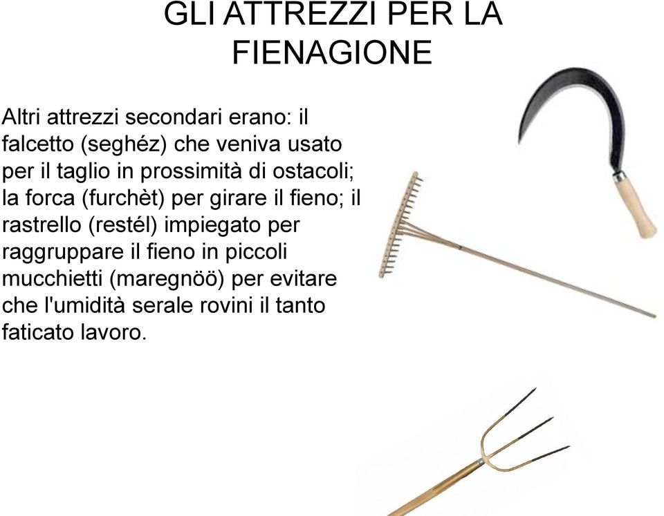 girare il fieno; il rastrello (restél) impiegato per raggruppare il fieno in piccoli