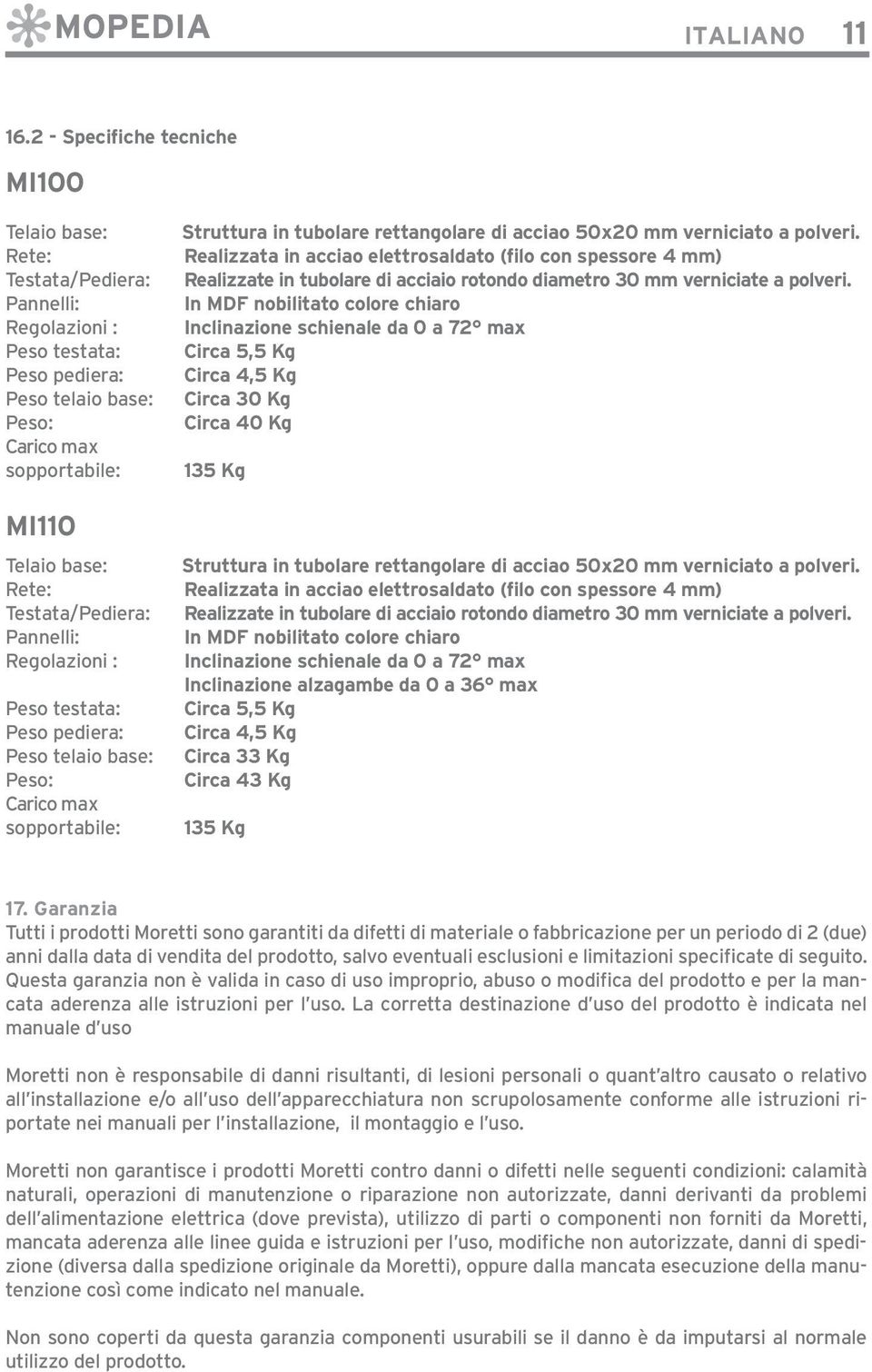 Testata/Pediera: Pannelli: Regolazioni : Peso testata: Peso pediera: Peso telaio base: Peso: Carico max sopportabile: Struttura in tubolare rettangolare di acciao 50x20 mm verniciato a polveri.